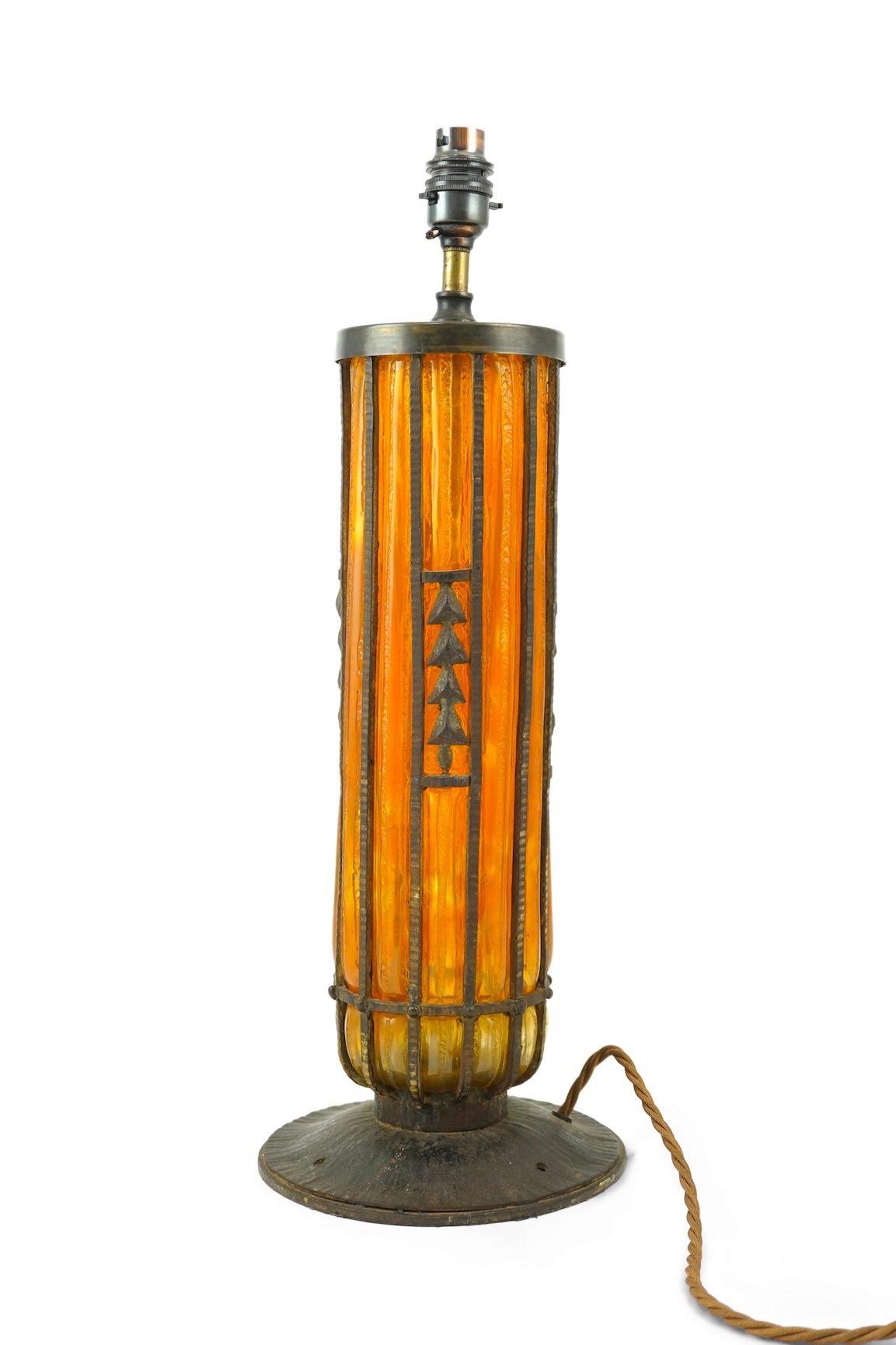 Manner of Daum Frères and Edgar Brandt (French, 1880–1960): A textured glass and cast-iron mounted table lamp